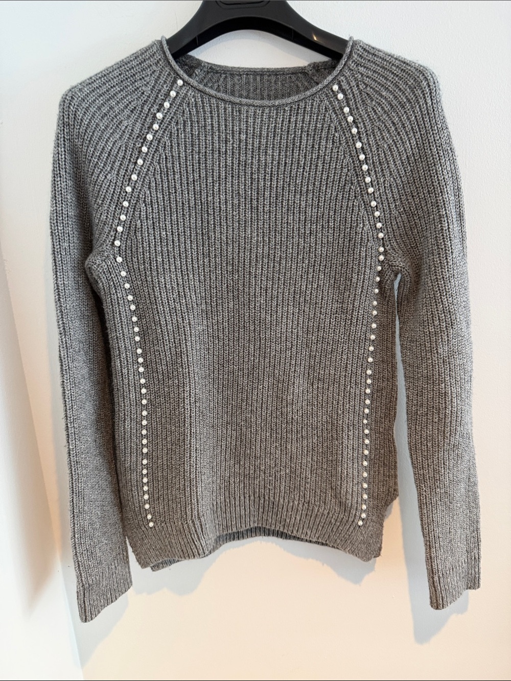 Grey Knit Sweater with Pearl Trim - Women